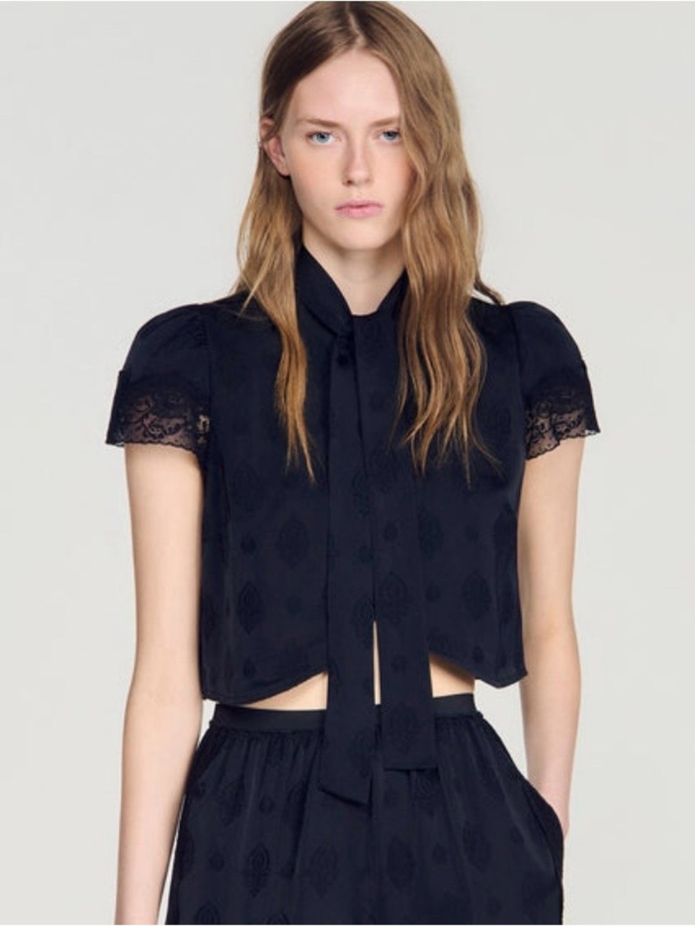 Sandro Hannah Black Lace-Trim Tie-Neck Crop Blouse